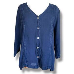 Heaven Womens Linen Top Sz Medium Blue Pintucked V-neck Coastal Minimalist Shirt